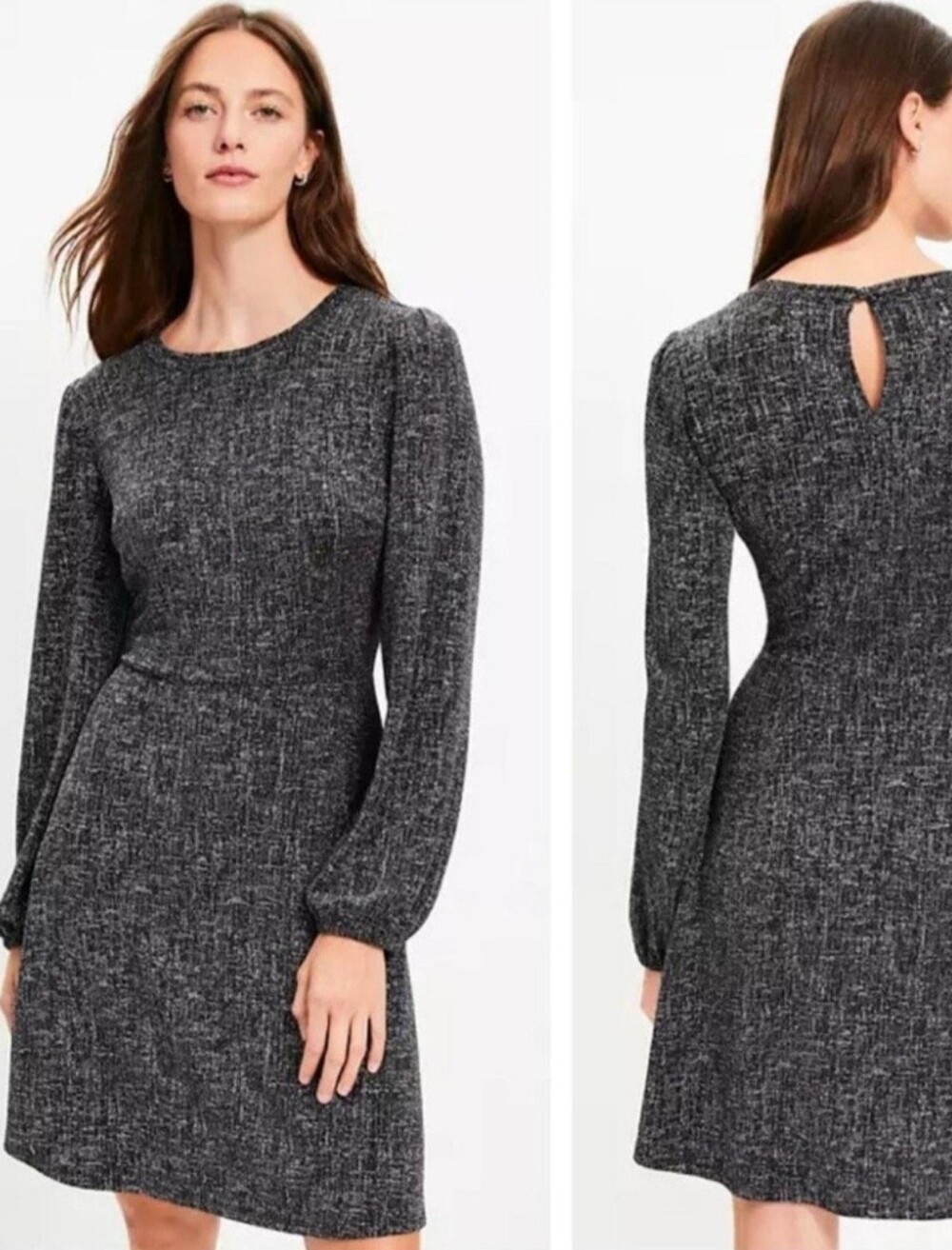 LOFT Black and Metallic Silver Knit Long Sleeve Office Holiday Dress, M